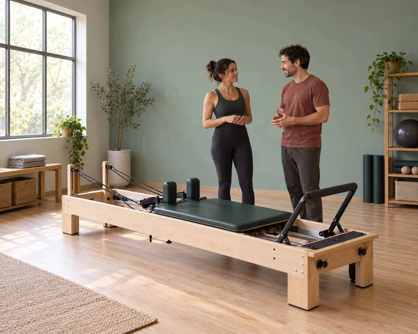 Estúdio de movimento com luz natural, madeira e equipamentos de Pilates.
