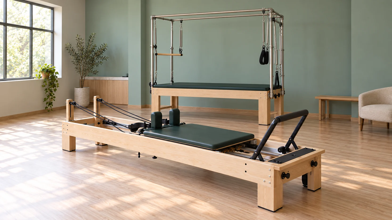 Estúdio amplo com equipamentos de Pilates, madeira e luz lateral.